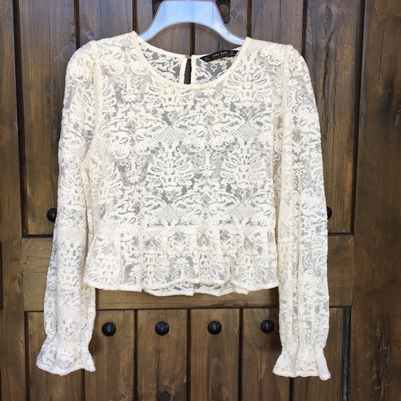 Zara Ivory Lace Ruffle Crop Top Blouse L - Picture 4 of 8